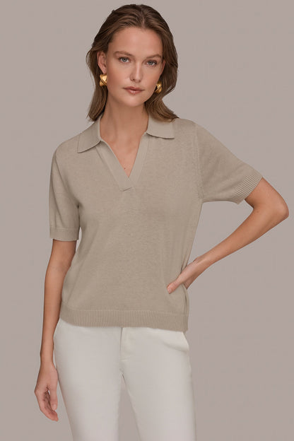 COTTON AND CASHMERE POLO SWEATER - Tuscan Grey