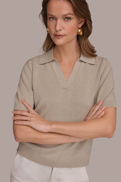 COTTON AND CASHMERE POLO SWEATER - Tuscan Grey