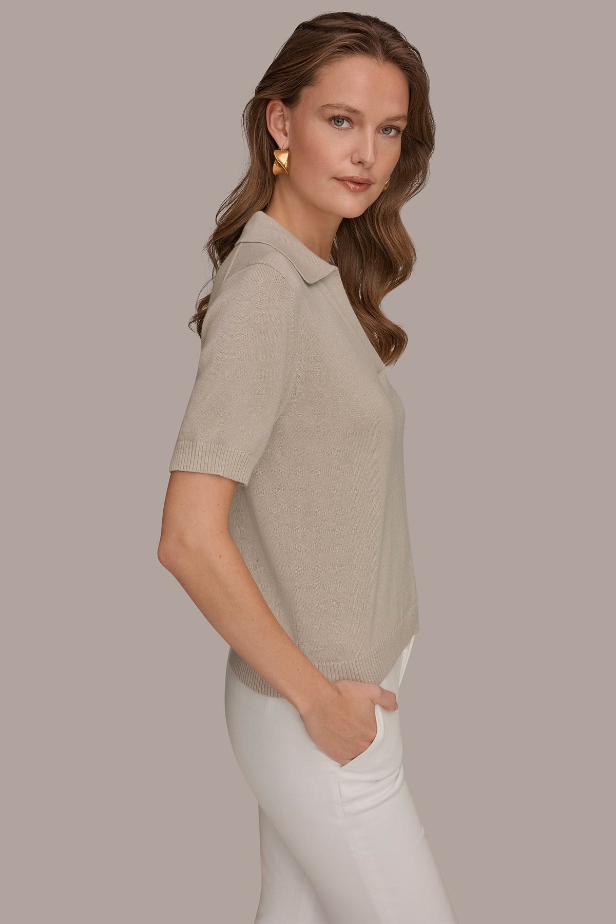 COTTON AND CASHMERE POLO SWEATER - Tuscan Grey