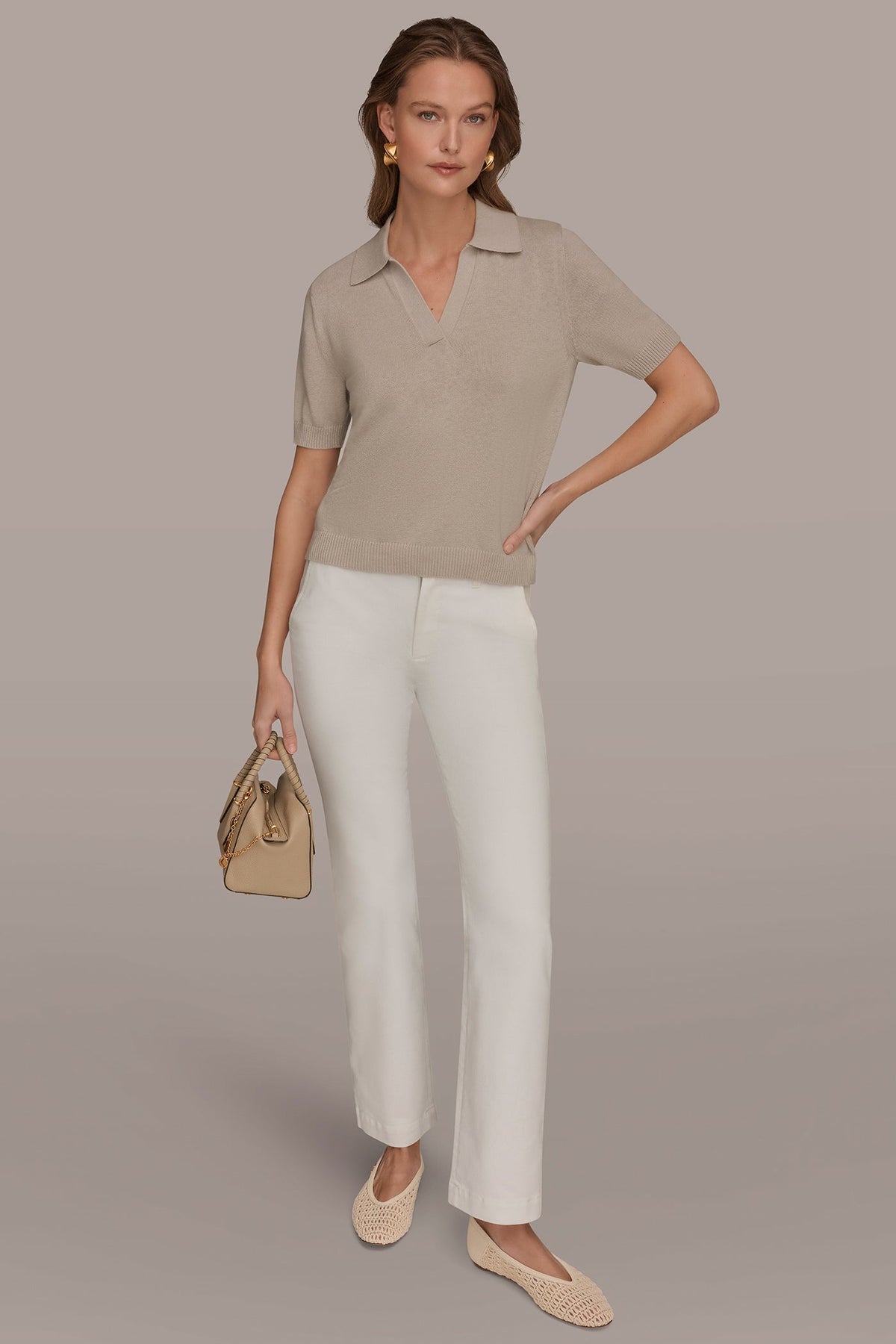 COTTON AND CASHMERE POLO SWEATER - Tuscan Grey