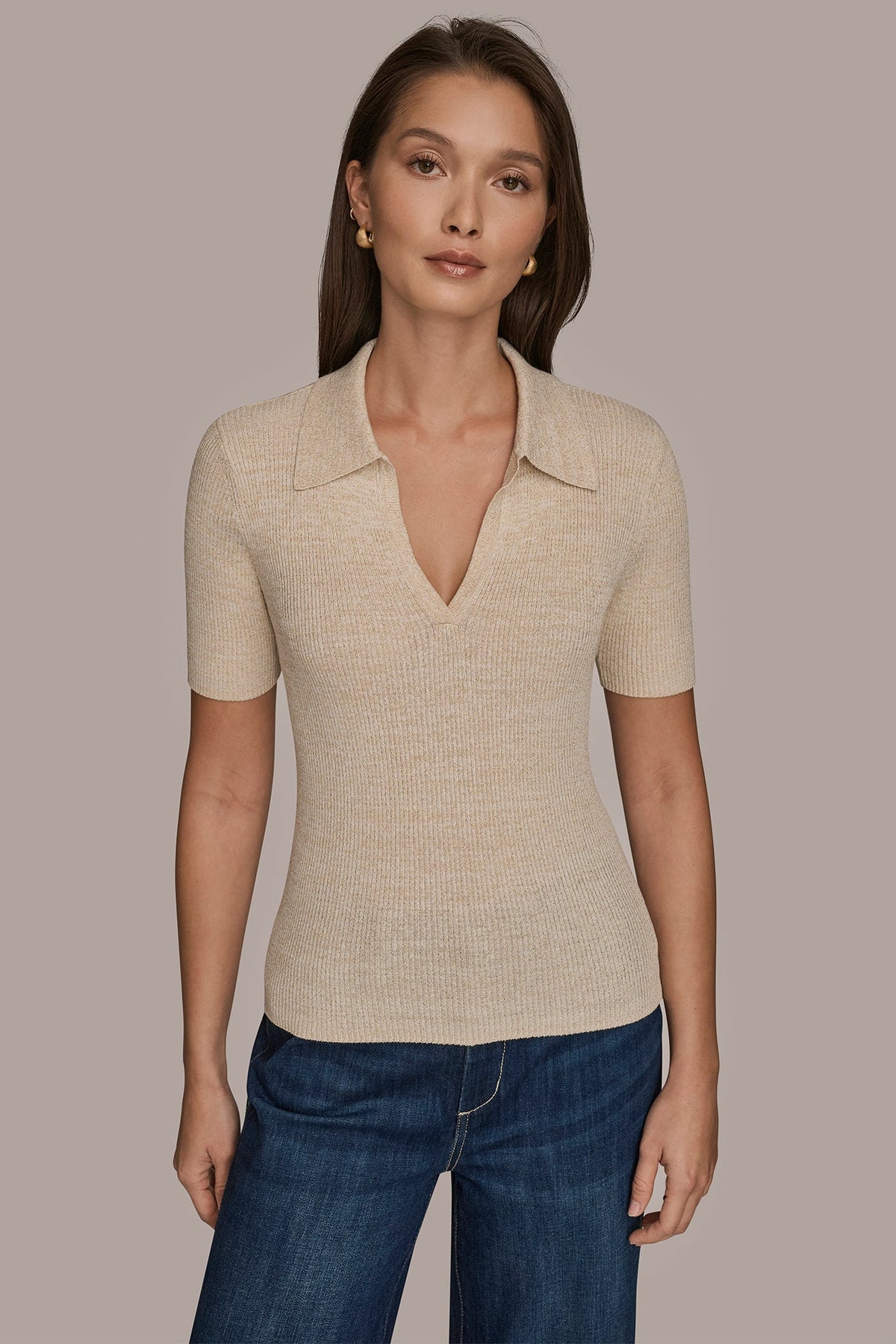 ELBOW-SLEEVE METALLIC RIBBED POLO SWEATER - CREAM/GOLD