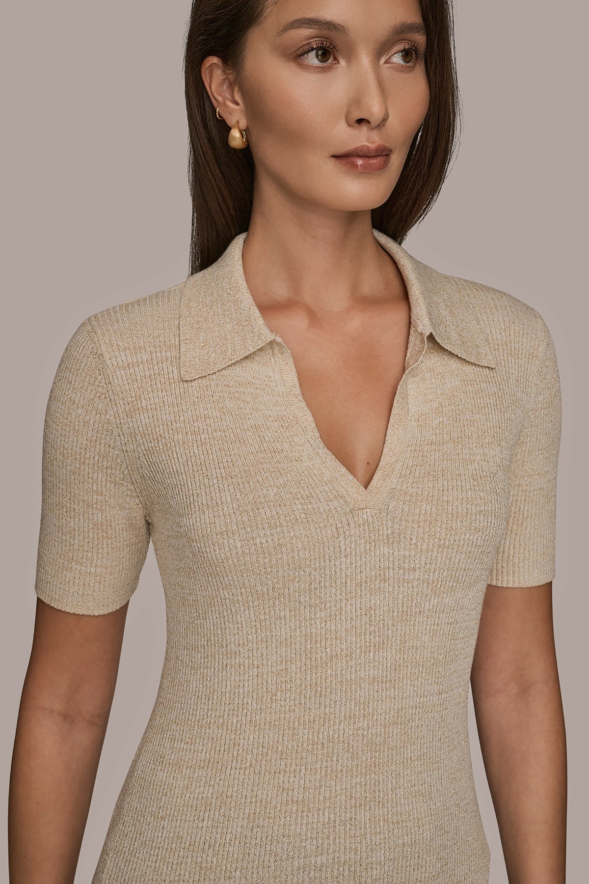 ELBOW-SLEEVE METALLIC RIBBED POLO SWEATER - CREAM/GOLD