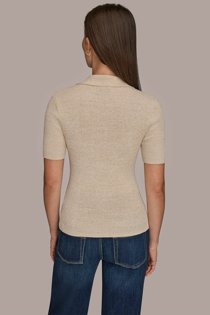 ELBOW-SLEEVE METALLIC RIBBED POLO SWEATER - CREAM/GOLD