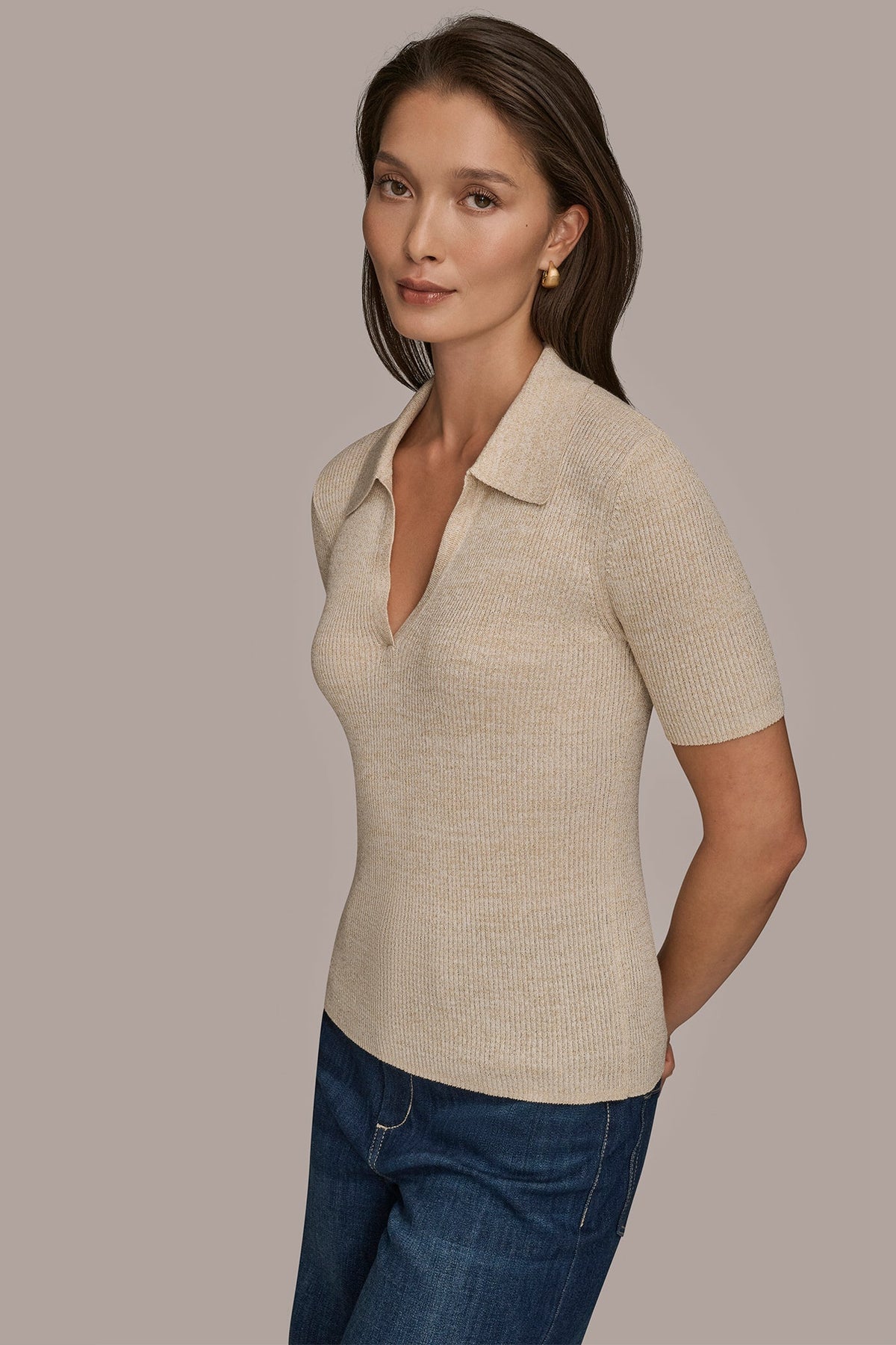 ELBOW-SLEEVE METALLIC RIBBED POLO SWEATER - CREAM/GOLD