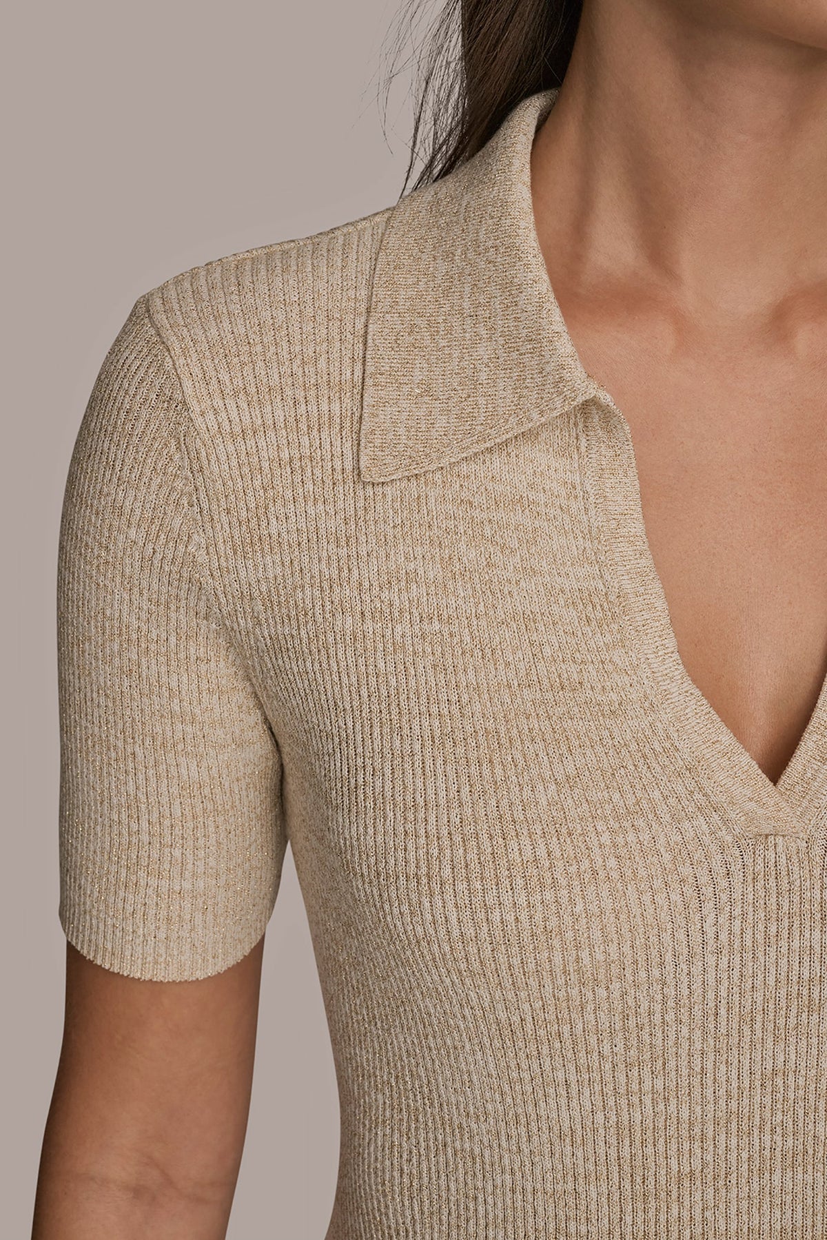 ELBOW-SLEEVE METALLIC RIBBED POLO SWEATER - CREAM/GOLD
