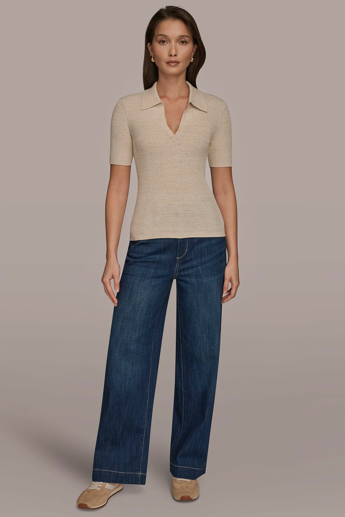 ELBOW-SLEEVE METALLIC RIBBED POLO SWEATER - CREAM/GOLD