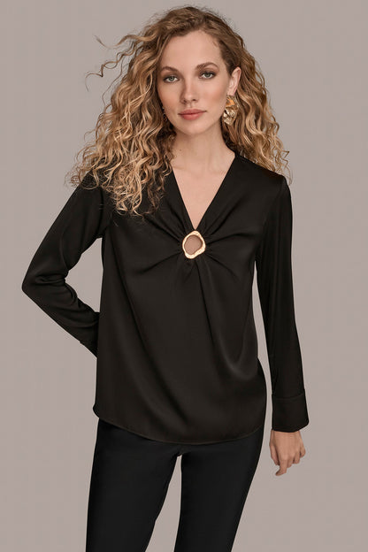 LONG SLEEVE RING V-NECK BLOUSE - Black