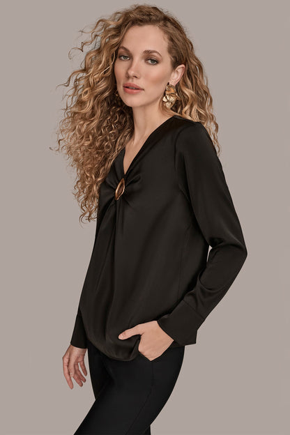 LONG SLEEVE RING V-NECK BLOUSE - Black