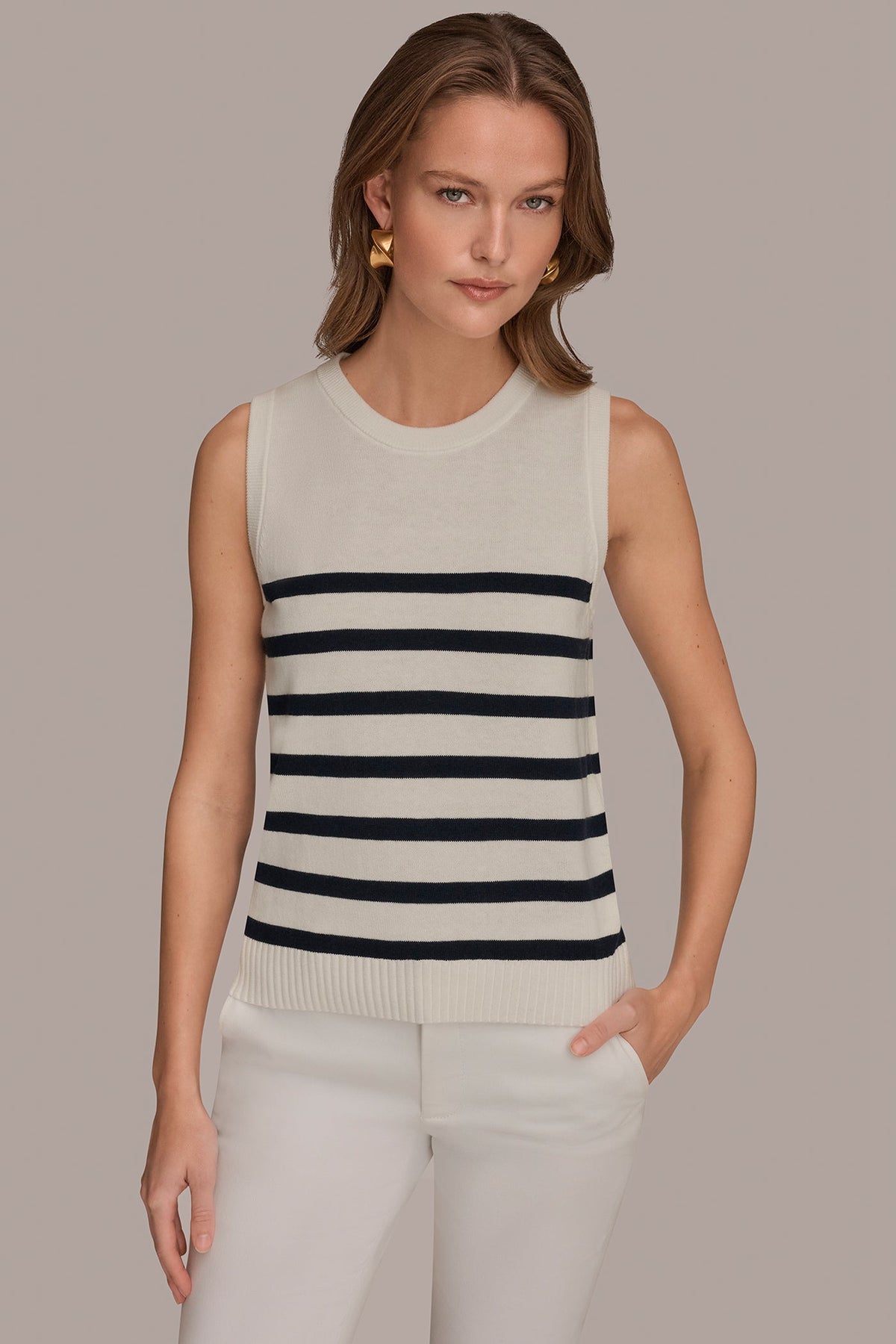 COTTON AND CASHMERE SLEEVELESS STRIPED SWEATER - Cream/Nightfall