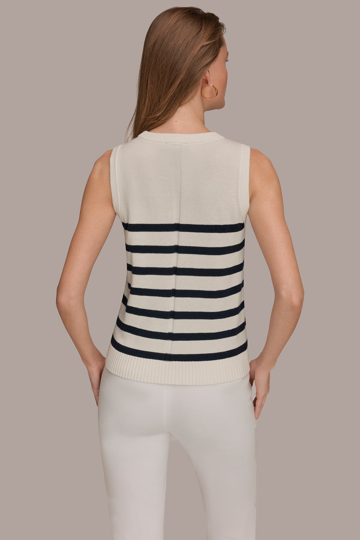 COTTON AND CASHMERE SLEEVELESS STRIPED SWEATER - Cream/Nightfall