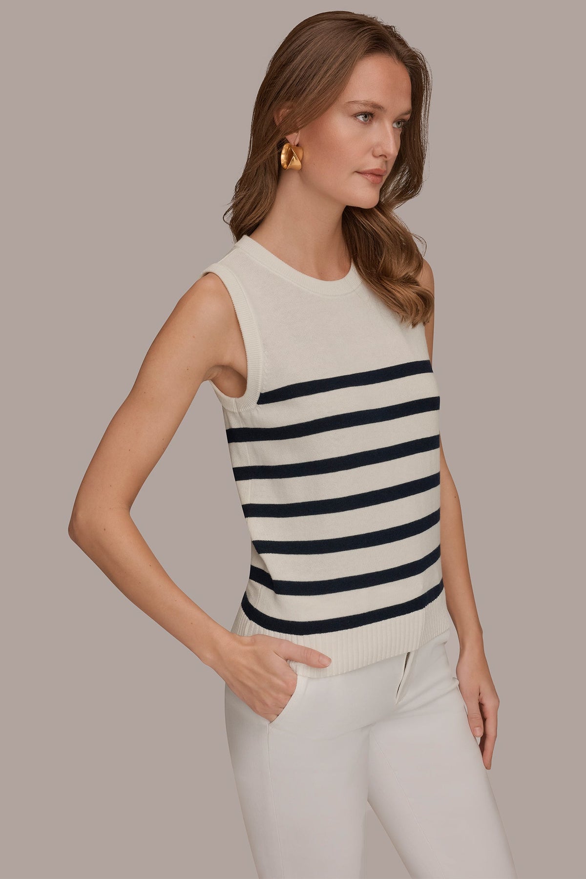 COTTON AND CASHMERE SLEEVELESS STRIPED SWEATER - Cream/Nightfall
