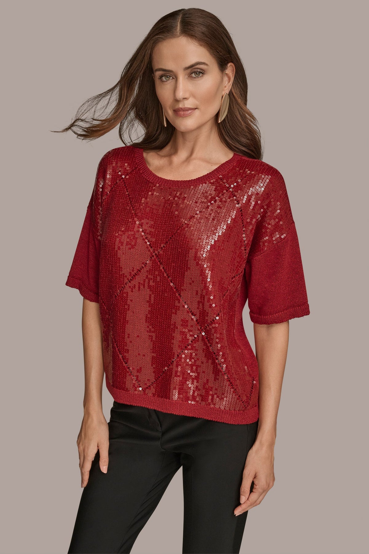 ELBOW-SLEEVE SEQUIN SWEATER - METROPOLITAN RED