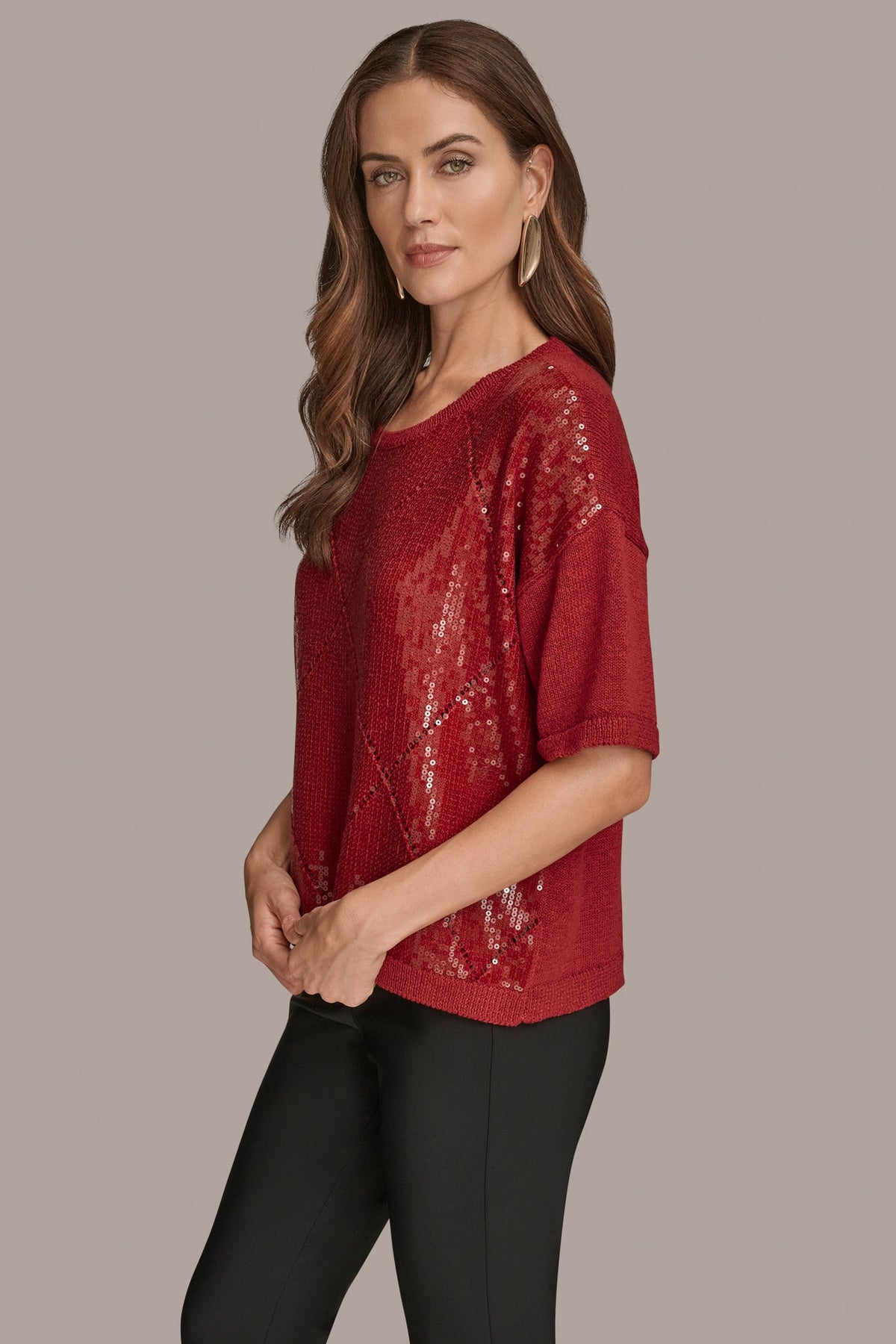 ELBOW-SLEEVE SEQUIN SWEATER - METROPOLITAN RED