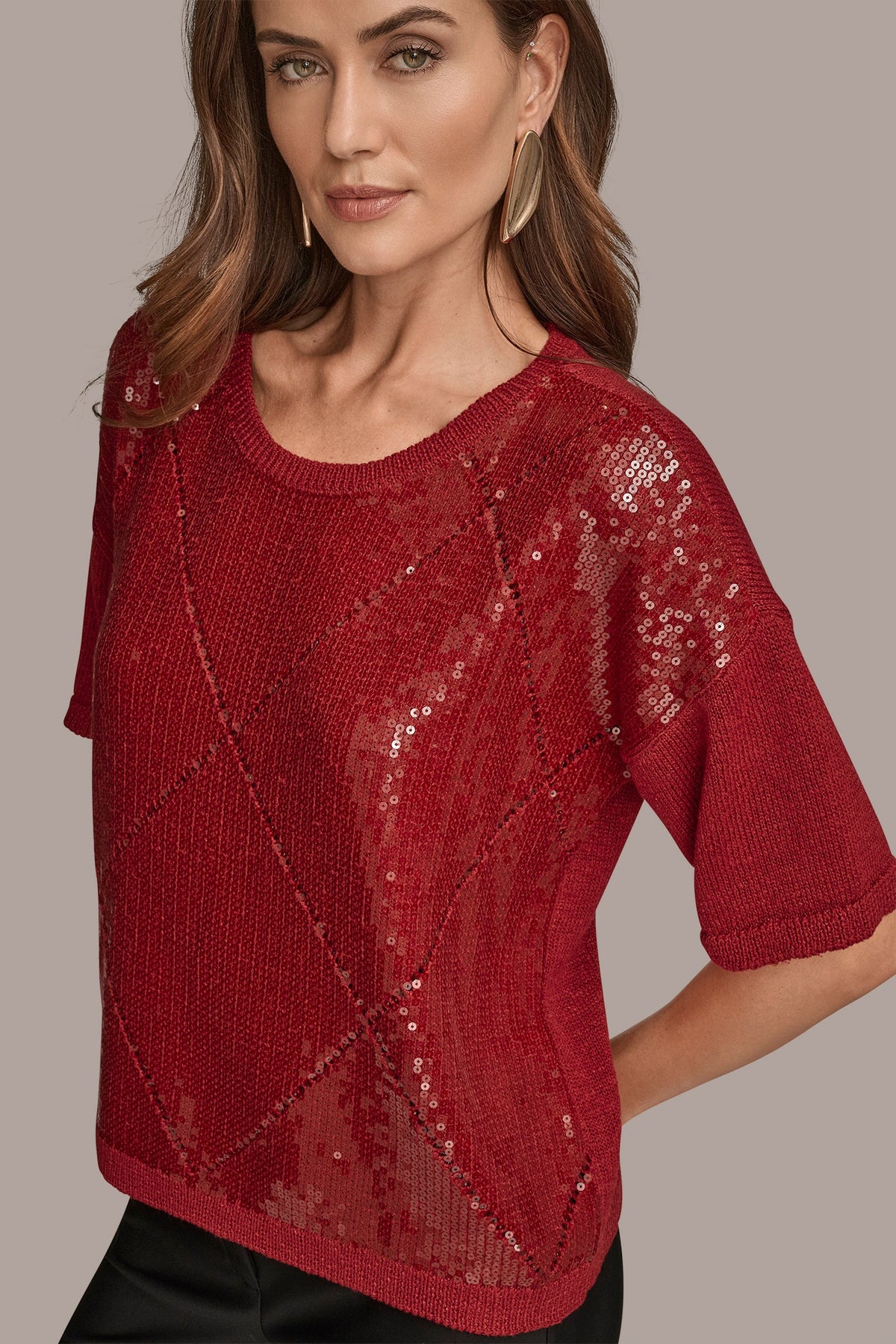 ELBOW-SLEEVE SEQUIN SWEATER - METROPOLITAN RED