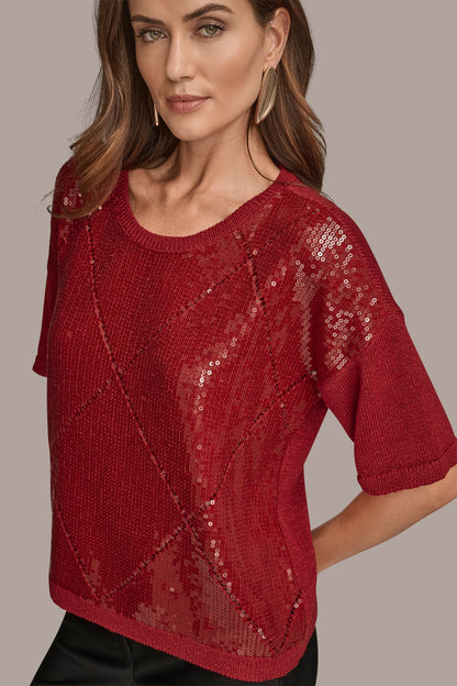 ELBOW-SLEEVE SEQUIN SWEATER - METROPOLITAN RED