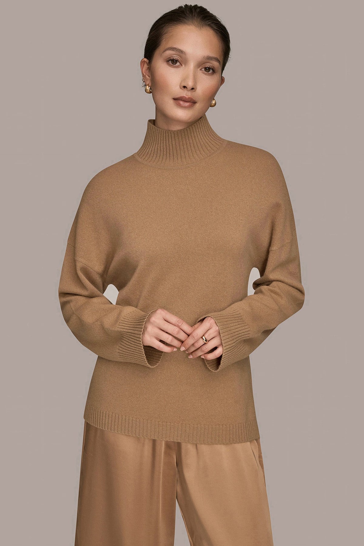WOOL AND CASHMERE-BLEND MOCK-NECK SWEATER - FAWN