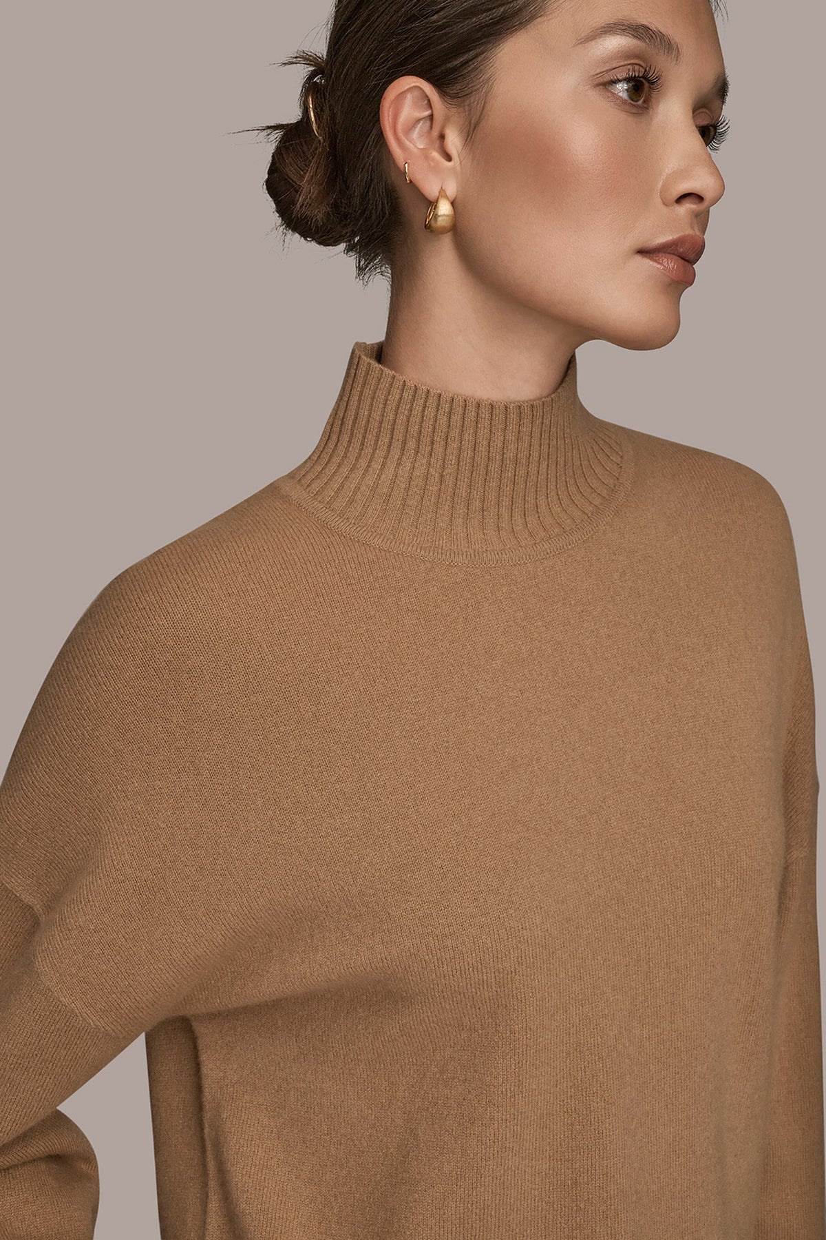 WOOL AND CASHMERE-BLEND MOCK-NECK SWEATER - FAWN