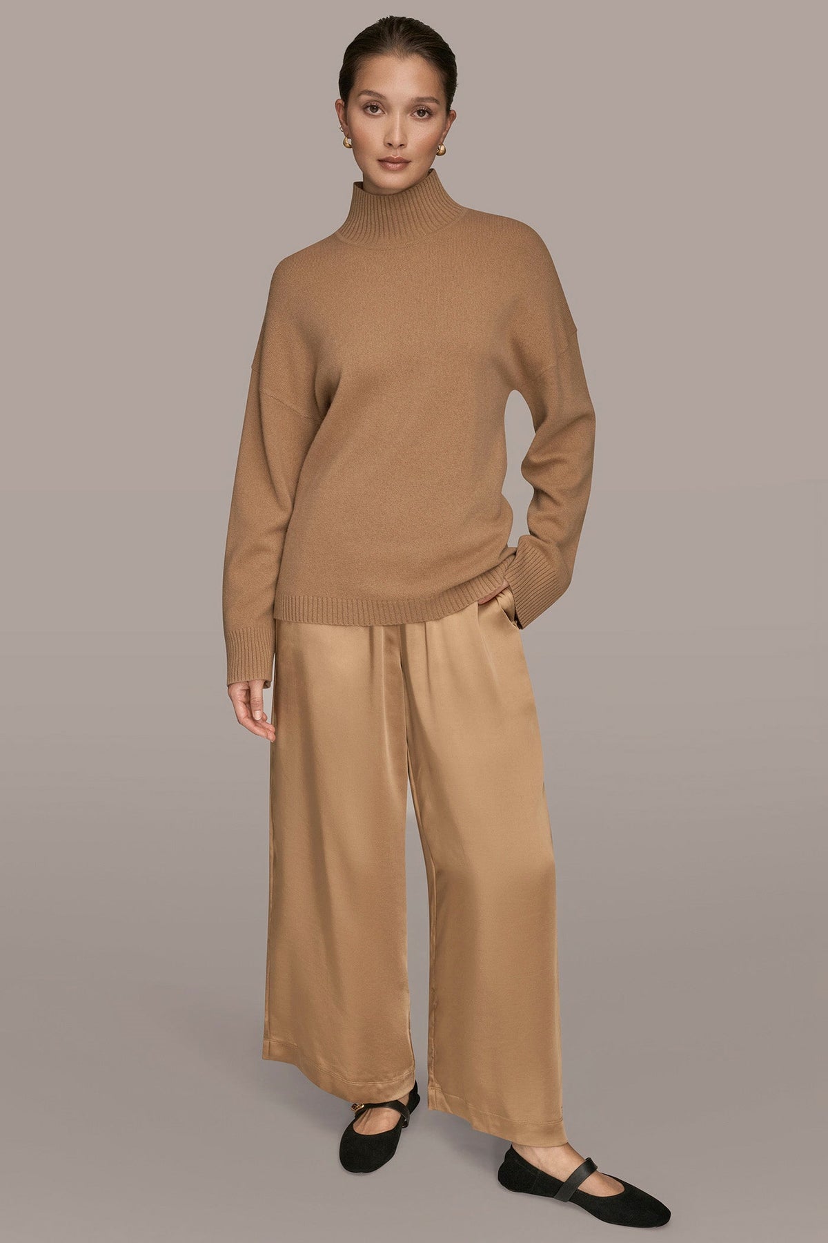 WOOL AND CASHMERE-BLEND MOCK-NECK SWEATER - FAWN