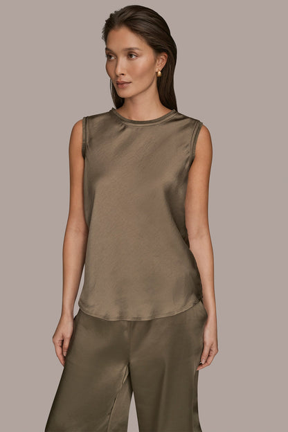 SATIN FRINGE-TRIMMED SLEEVELESS BLOUSE - KHAKI GREEN
