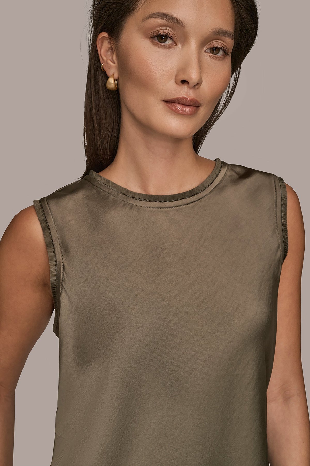 SATIN FRINGE-TRIMMED SLEEVELESS BLOUSE - KHAKI GREEN