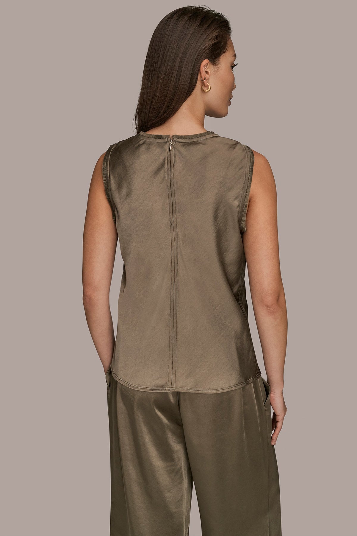 SATIN FRINGE-TRIMMED SLEEVELESS BLOUSE - KHAKI GREEN