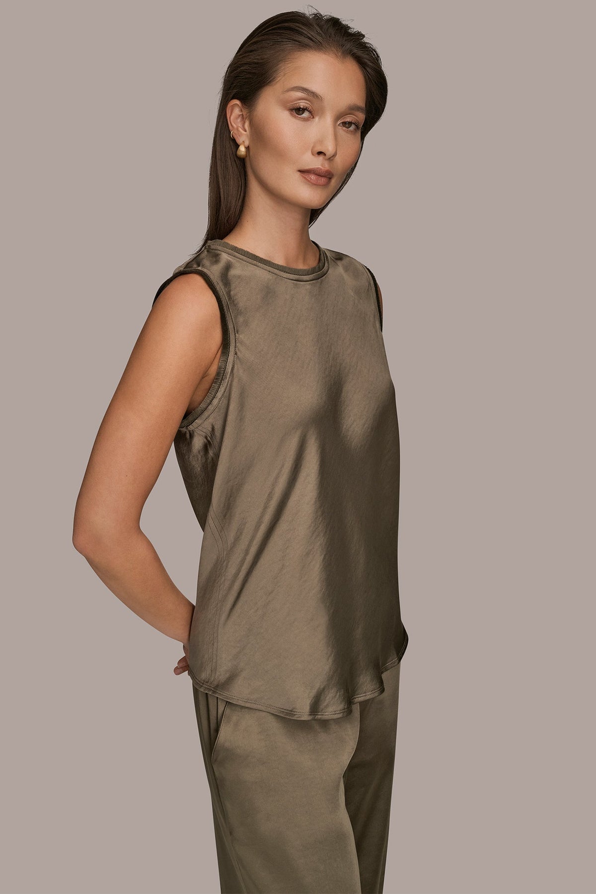 SATIN FRINGE-TRIMMED SLEEVELESS BLOUSE - KHAKI GREEN