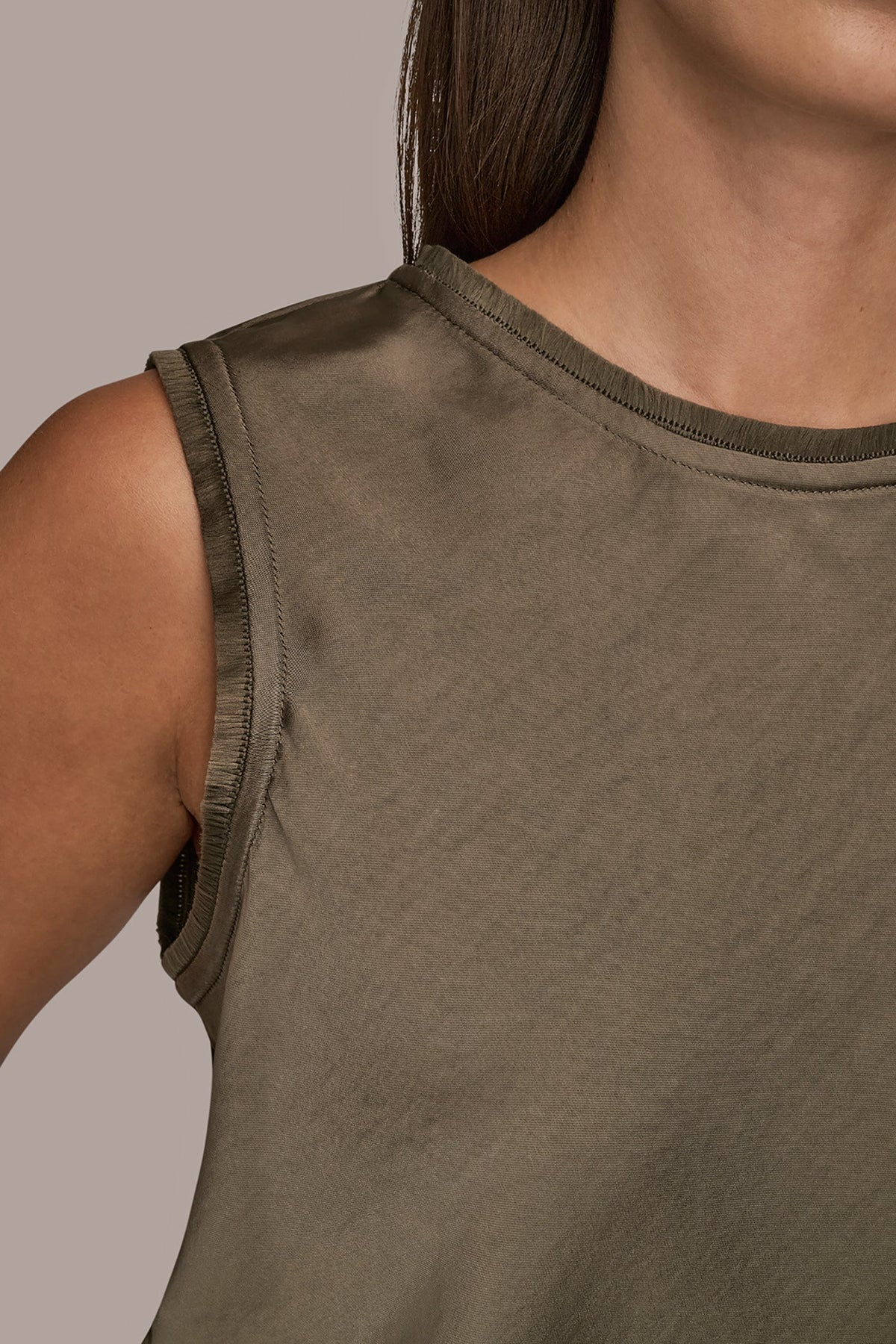 SATIN FRINGE-TRIMMED SLEEVELESS BLOUSE - KHAKI GREEN