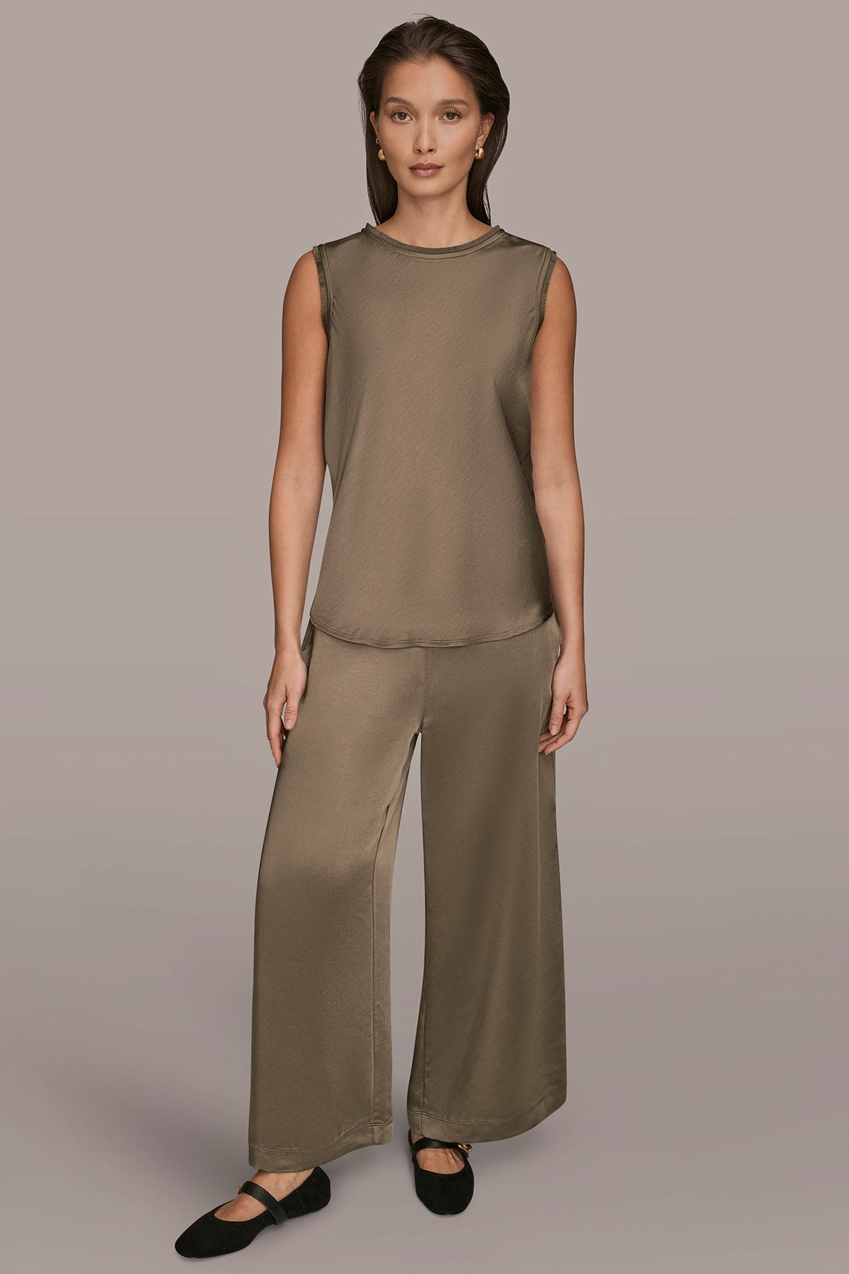 SATIN FRINGE-TRIMMED SLEEVELESS BLOUSE - KHAKI GREEN