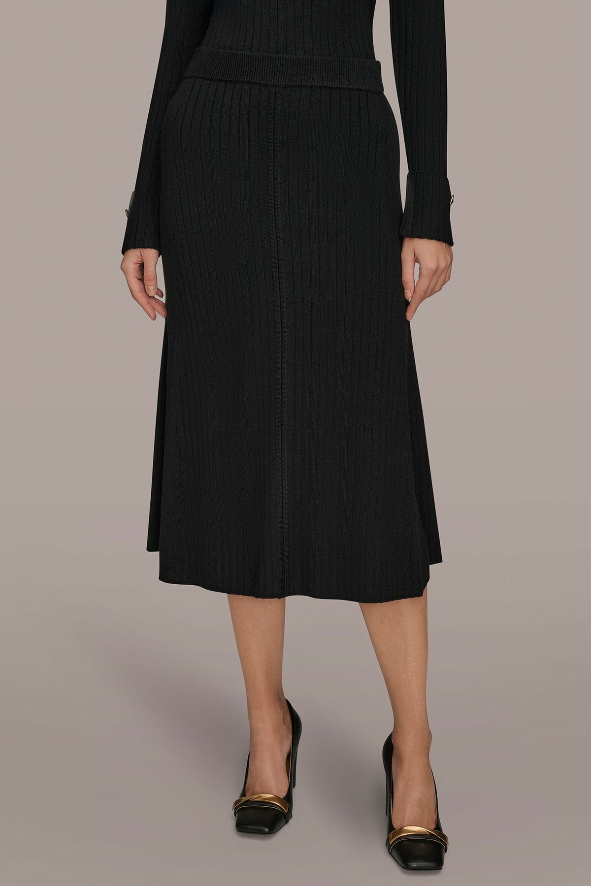 RIBBED SWEATER MIDI A-LINE SKIRT - Black