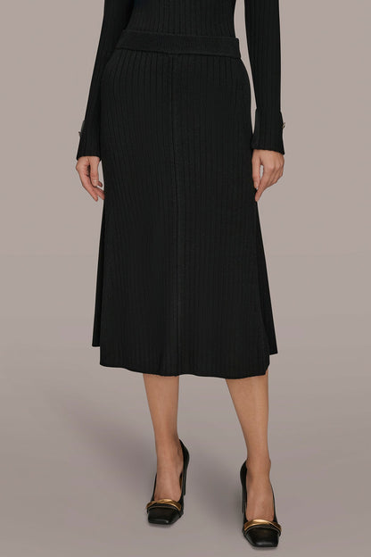 RIBBED SWEATER MIDI A-LINE SKIRT - Black