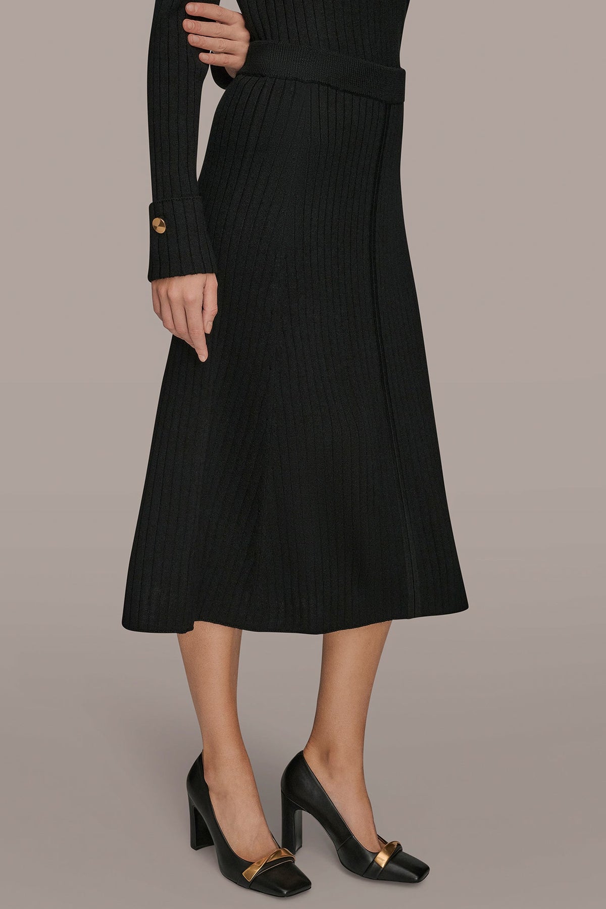 RIBBED SWEATER MIDI A-LINE SKIRT - Black