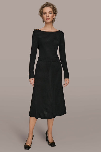 RIBBED SWEATER MIDI A-LINE SKIRT - Black