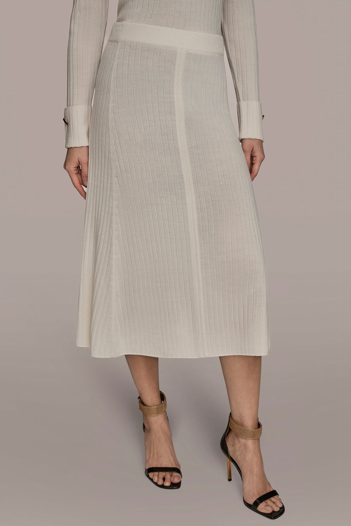 SEAMED MIDI A-LINE SWEATER SKIRT - CREAM
