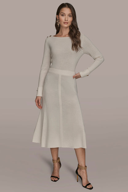 SEAMED MIDI A-LINE SWEATER SKIRT - CREAM