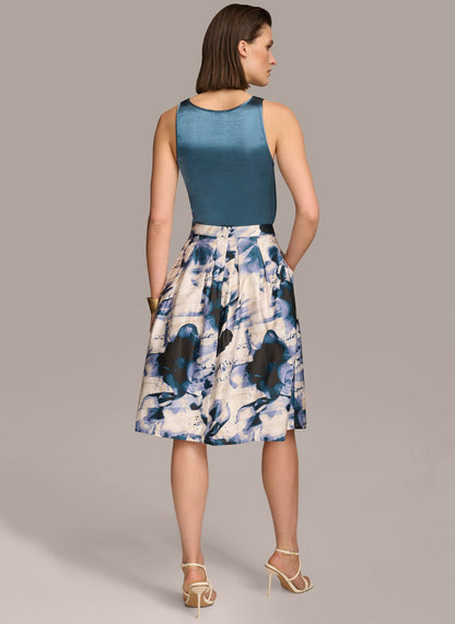PRINTED SKIRT WITH PLEATS - Tide/Cream