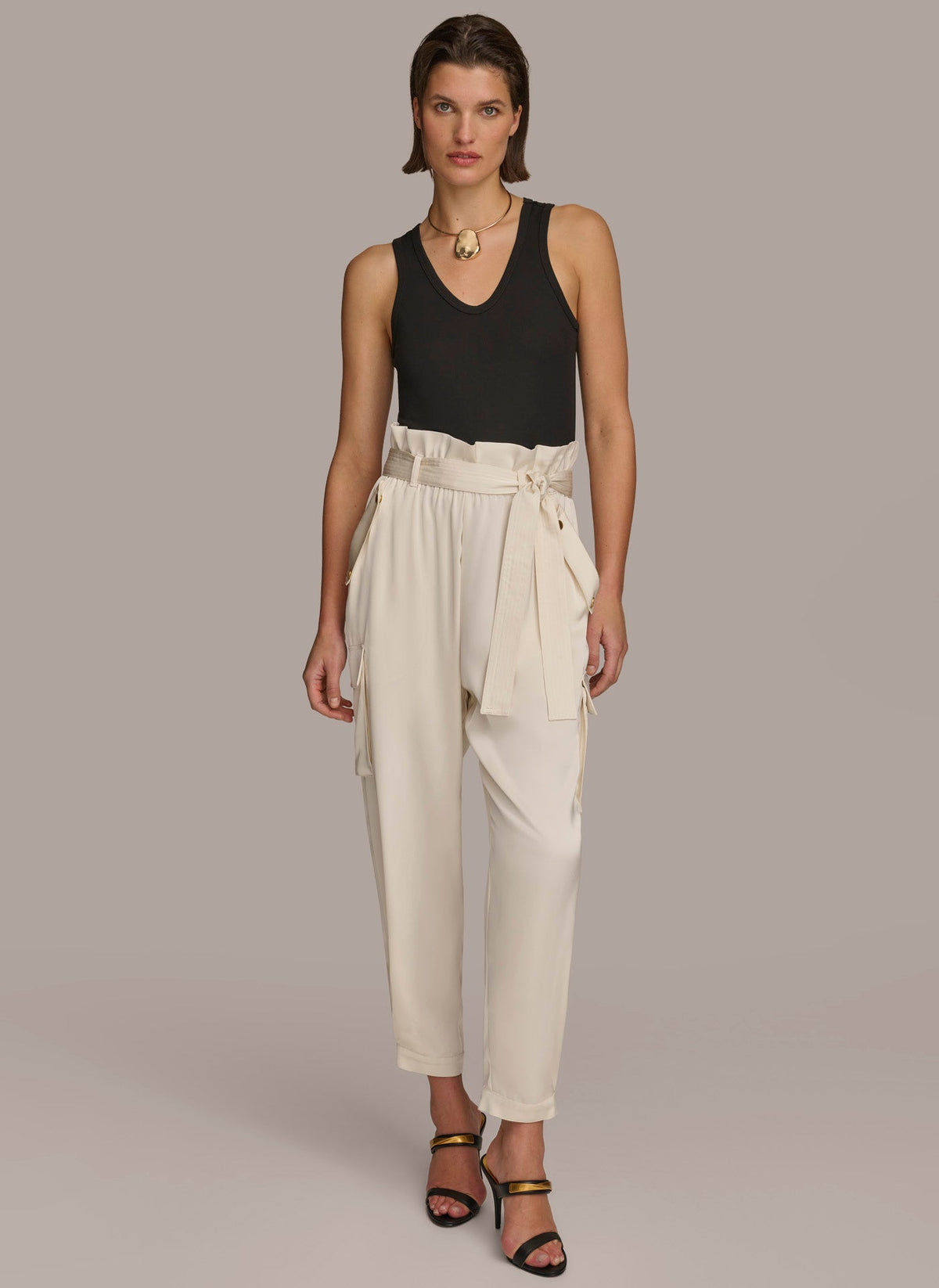 CARGO PANT WITH TIE BELT - Cream