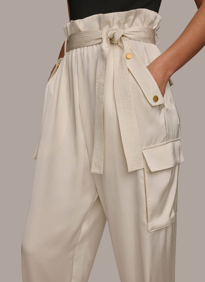 CARGO PANT WITH TIE BELT - Cream