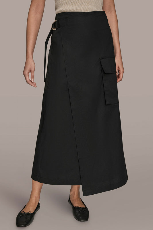ASYMMETRIC MIDI WRAP CARGO SKIRT - Black