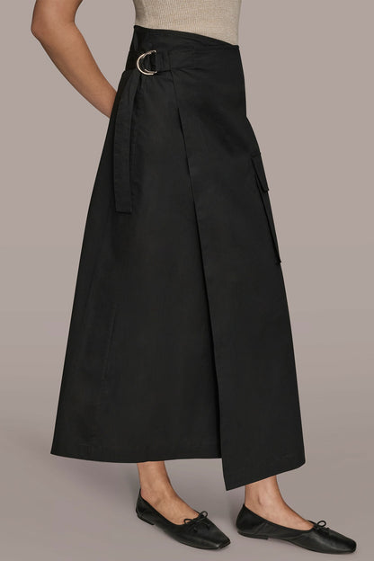 ASYMMETRIC MIDI WRAP CARGO SKIRT - Black