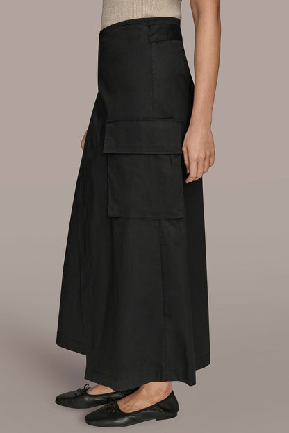 ASYMMETRIC MIDI WRAP CARGO SKIRT - Black