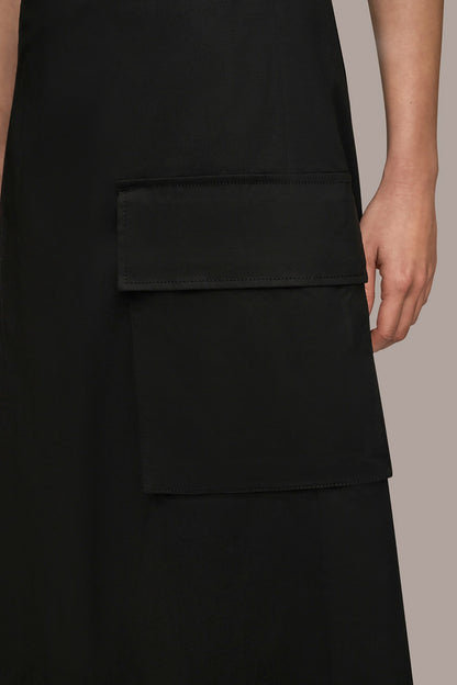 ASYMMETRIC MIDI WRAP CARGO SKIRT - Black