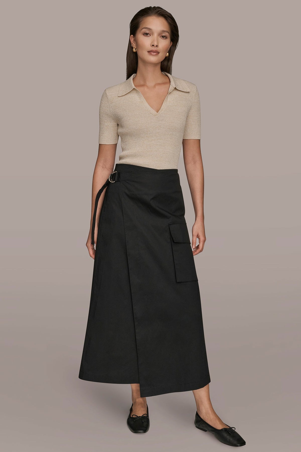 ASYMMETRIC MIDI WRAP CARGO SKIRT - Black