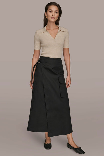 ASYMMETRIC MIDI WRAP CARGO SKIRT - Black