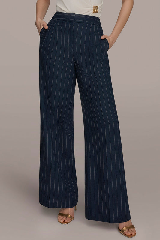 LINEN-BLEND PINSTRIPE WIDE-LEG SUIT PANT - Nightfall/Cream