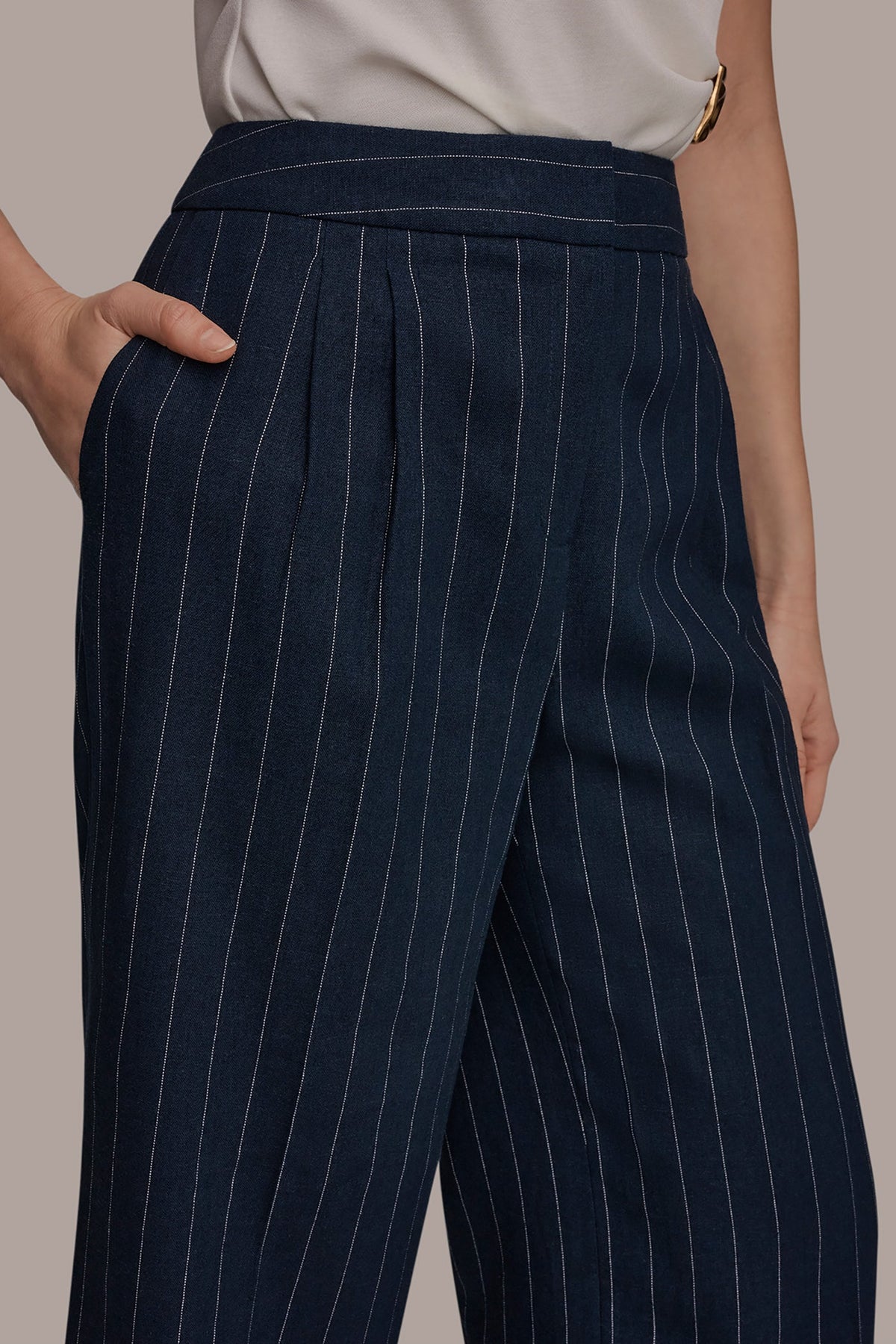 LINEN-BLEND PINSTRIPE WIDE-LEG SUIT PANT - Nightfall/Cream