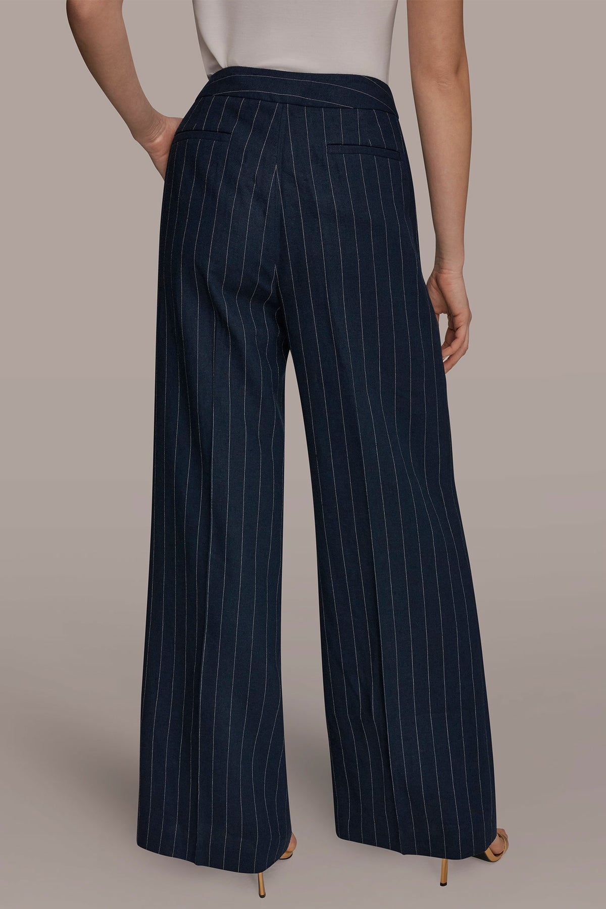 LINEN-BLEND PINSTRIPE WIDE-LEG SUIT PANT - Nightfall/Cream