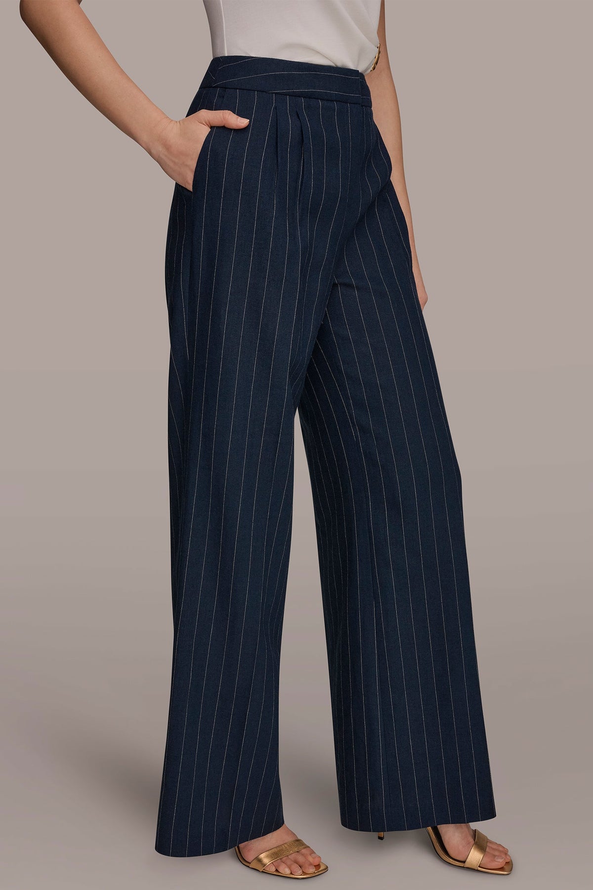 LINEN-BLEND PINSTRIPE WIDE-LEG SUIT PANT - Nightfall/Cream