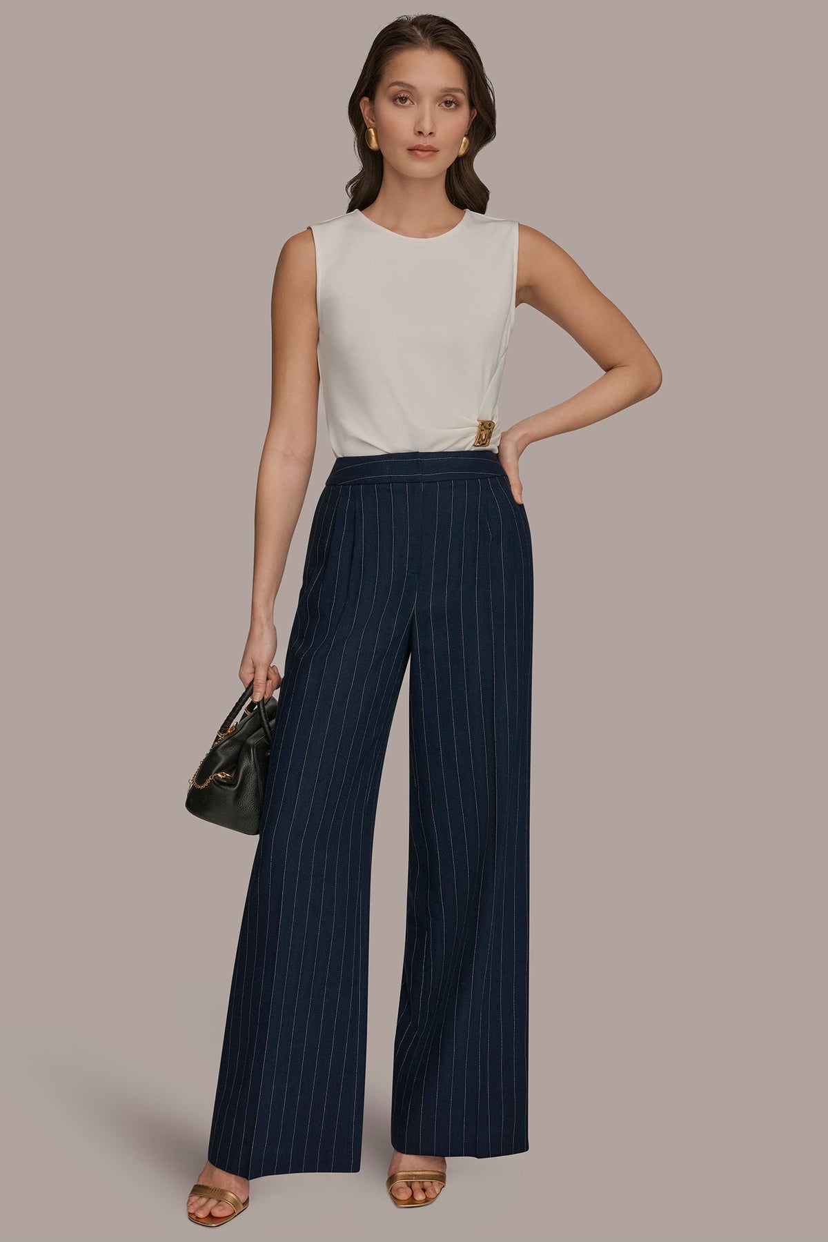 LINEN-BLEND PINSTRIPE WIDE-LEG SUIT PANT - Nightfall/Cream