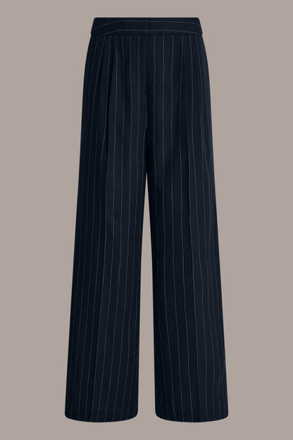 LINEN-BLEND PINSTRIPE WIDE-LEG SUIT PANT - Nightfall/Cream