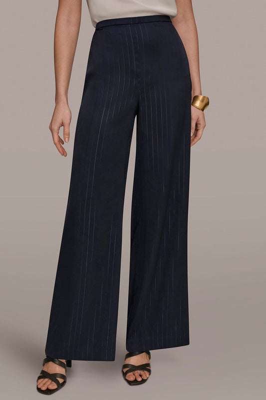 WIDE LEG PULL ON PANT - Navy/Silver Pinstrip